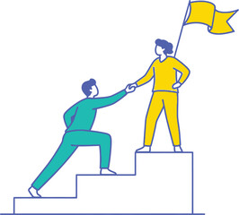 Two people helping each other reach a goal with a flag on top