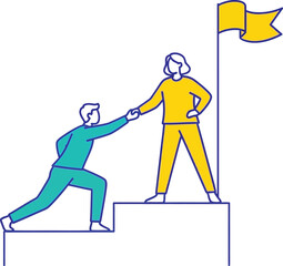 Two people holding hands standing on steps with a flag