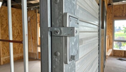 Fototapeta premium A close-up view of the robust locking mechanism on a reinforced galvanized steel window shutter, bolted for maximum security.