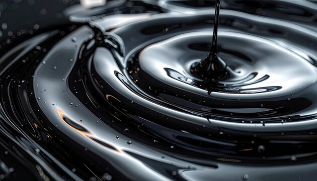 粘性のある黒い原油が渦巻きながら波紋を作り出す美しいテクスチャのマクロ撮影