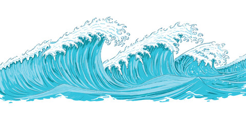 Obraz premium Stylized ocean waves with white crests and light blue water in illustration style, perfect for backgrounds and designs, abstract background, ocean wave, sea wave