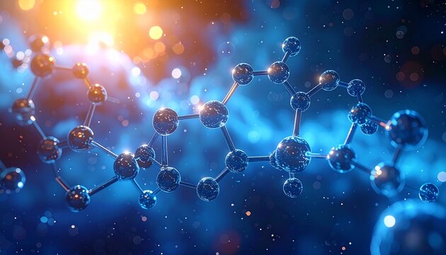 炭化水素の分子構造を表す青い球体と結合を3Dで描いた科学的背景ビジュアル