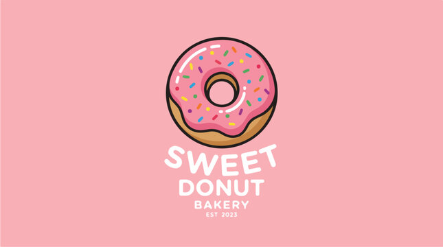 Sweet Pink Donut with Sprinkles and Text Logo.