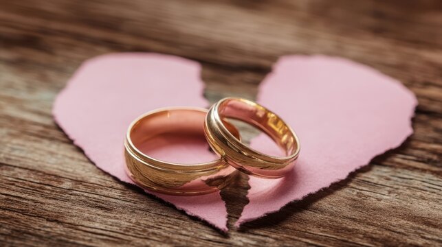 The rings on a torn paper heart symbolizing broken love and ending marriage