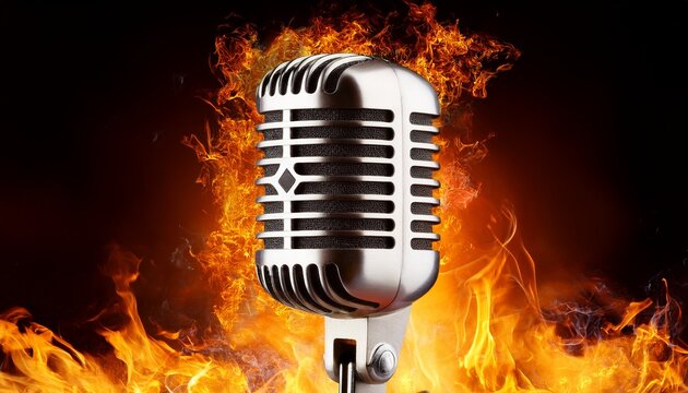 retro microphone on fire on abstract background