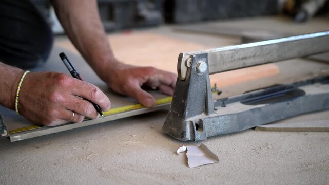 Craftsman Measuring Bathroom Tile with Tile Cutter