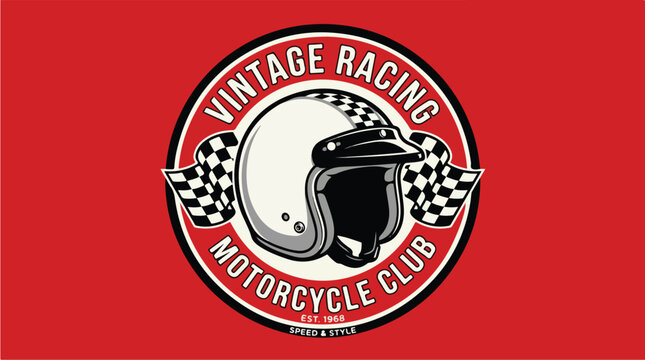 Vintage Motorcycle Club Racing Helmet Emblem with Flags.