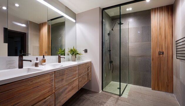 modern bathroom with a walk in shower and wooden vanity