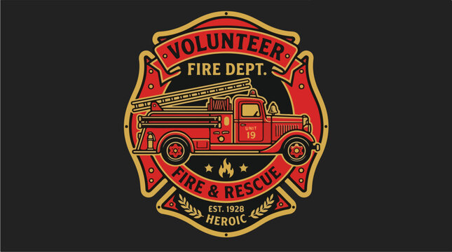 Vintage Volunteer Fire Department Truck Emblem.