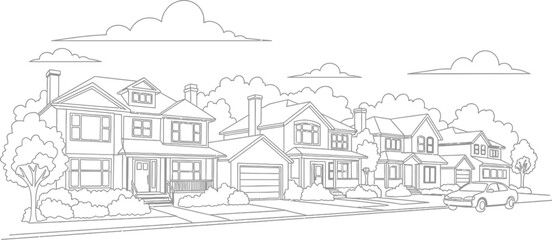 suburban neighborhood with houses and a car on a quiet street lined with trees and bushes under a cloudy sky © Afia