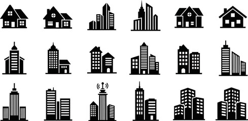black and white cityscape icons set with various buildings and houses © Afia