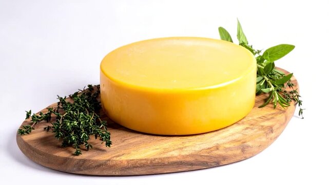 A round, golden cheese wheel sits on a wooden board, adorned with fresh herbs against a white backdrop