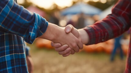 Farm Business Handshake at Golden Hour. Handshake in a sunlit agricultural field, symbolizing partnership, agreement, and cooperation in farming