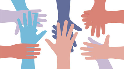Obraz premium A diverse group of people joining hands in unity and solidarity on a white background