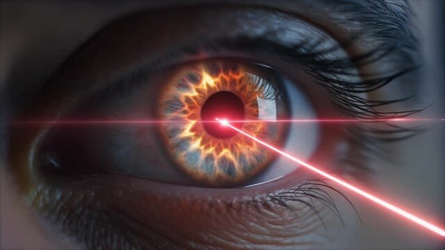 A close-up of a human eye with a red laser beam entering the pupil.