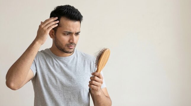 young man holding hairbrush with loose hair strands for hair fall alopecia and dermatology treatment concept