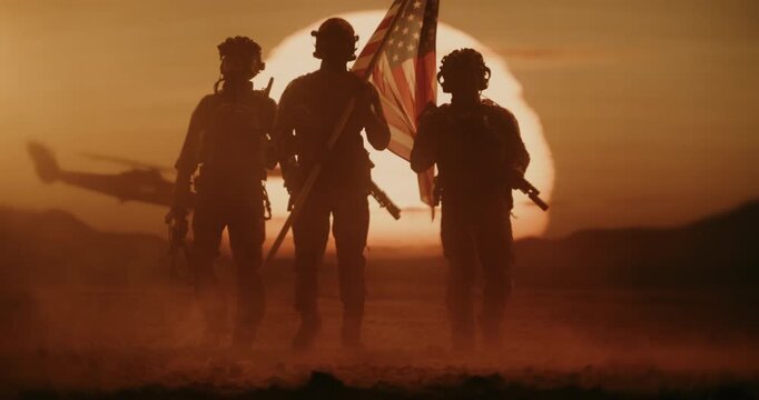 Three Armed Soldiers Stride Through Desert Cinematic Sunset, One Bearing the American Flag as a Helicopter Lifts Behind Them. Patrioticl USA Freedom Defense, Peace Mission During War Conflict.