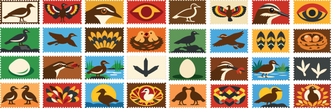 Sunbittern Bird and Wildlife Stamp Icon Set Tropical Nature Collection