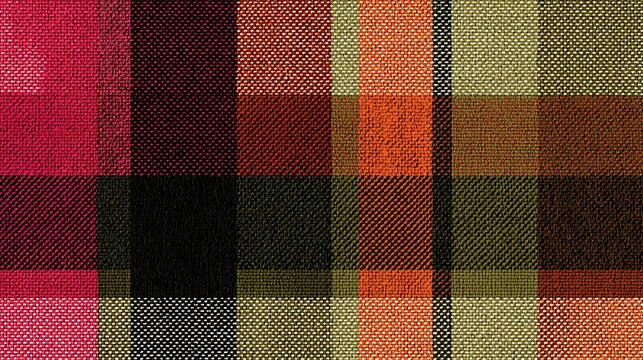 Vibrant plaid tartan fabric pattern in red, orange, black, and green hues