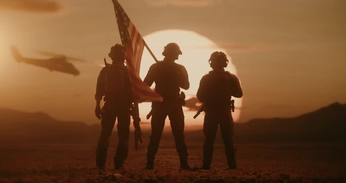 Three Silhouetted Male Soldiers Hold Position, Raising the American Flag  and Wave as Helicopters Air Force Fly. Tactical Warfare, Heroic Valor, Peace Mission Defending Freedom Through Conflict.