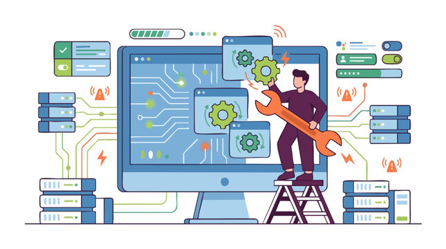 A person performing maintenance on a computer system with server racks and data management interfaces.