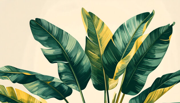 tropical banana leaves composition, minimal botanical illustration, green and yellow 