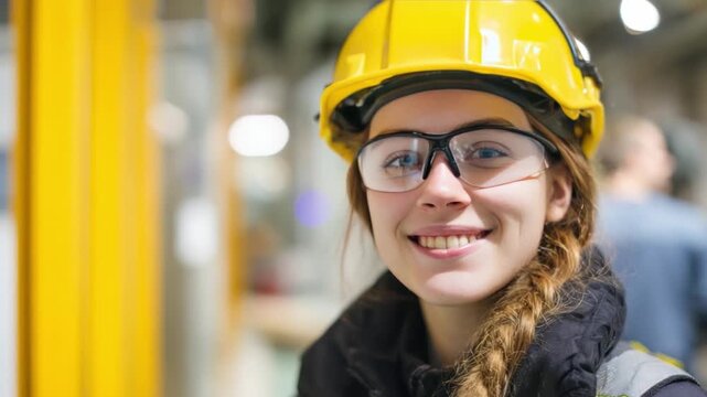 Confident Construction Worker: A skilled worker, donned in a yellow hard hat and protective eyewear, stands with a friendly smile, embodying dedication and proficiency in the construction industry.
