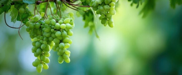 Naklejka premium The grapes on a vine in a sunlit vineyard with lush green bokeh