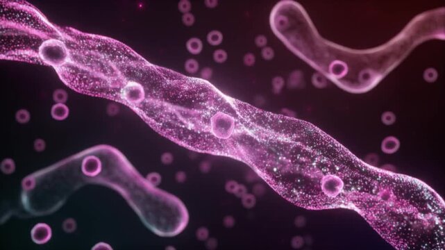 Vibrant pink DNA strands twist and turn in a dark environment with glowing particles.