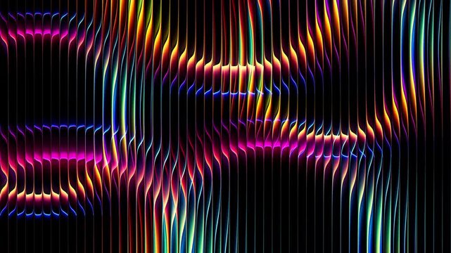 Colorful futuristic neon circles through textured glass. Luminous rings slowly rotating and distorted by ribbed glass for creative projects, digital screens and visual effects. Seamless loop. 4K video