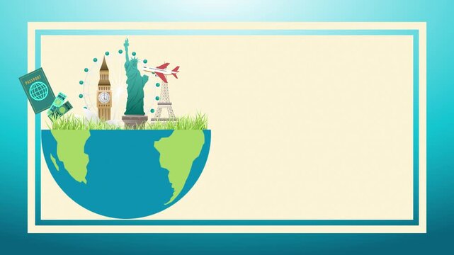 4K Horizontal Global Travel Background with Half Globe and Landmarks. 16:9 Teal Blue Tourism Header for World Tourism Day and Booking Apps
