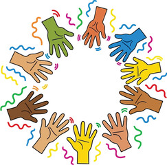 Obraz premium Diverse hands circle unity doodle vector