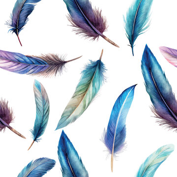 Blue purple indie flying feathers watercolor vector seamless pattern