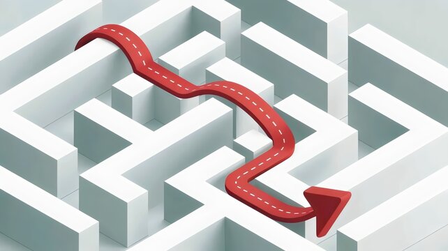 Red arrow navigating white square maze &ndash; Ideal for strategic planning, problem solving, or business navigation.