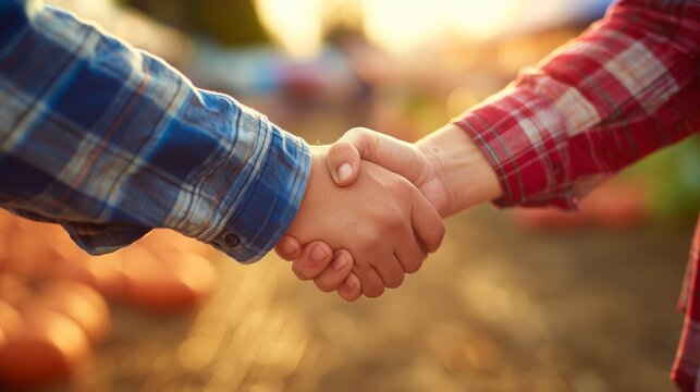 Farm Business Handshake at Golden Hour. Handshake in a sunlit agricultural field, symbolizing partnership, agreement, and cooperation in farming