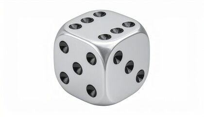 Captivating single, perfectly clean, and meticulously polished silver dice featuring high contrast black pips, expertly isolated for versatile use.