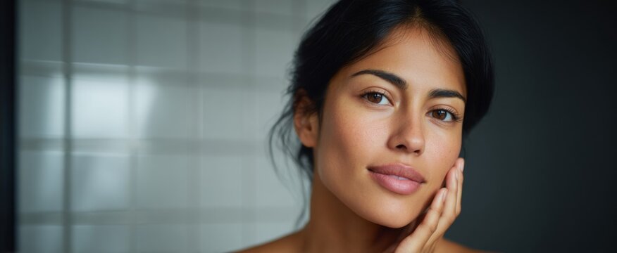 happy biracial young woman applying facial cream in a contemporary bathroom environment