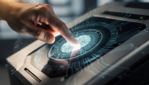 Close-up of a human hand press a glowing digital fingerprint scanner for secure identification. Modern technology for access control and biometric security system concept