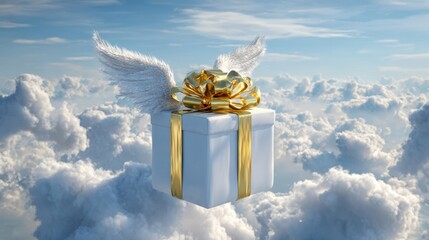 Naklejka premium The Gift with Angel Wings Floating Above Soft Clouds in a Heavenly Sky