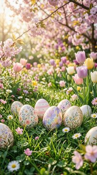Decorated Easter Eggs Spring Garden Cherry Blossoms Sunlight