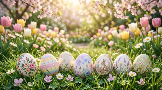 Decorated Easter Eggs Spring Flowers Green Grass Sunlight