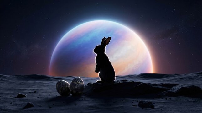 Fantasy Easter bunny on moonscape with colorful planet and decorated eggs