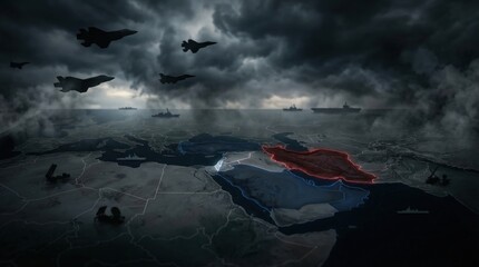 Obraz premium Middle East Geopolitical Conflict Map with Military Forces and Fighter Jets