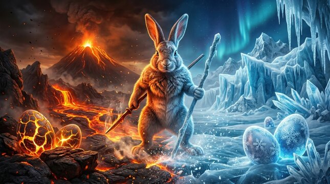 Mythical Rabbit Balancing Fire Ice Duality Epic Fantasy