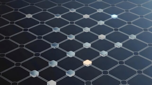 Interconnected square nodes in dark grid pattern &ndash; Suitable for data visualization, networking, or tech infrastructure.