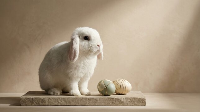 White bunny and elegant Easter eggs minimal spring holiday decor