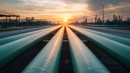 Obraz premium Long oil pipelines leading to refinery station at sunset. Industrial transportation of fuel and gas through metal tube construction. Infrastructure power energy supply concept.