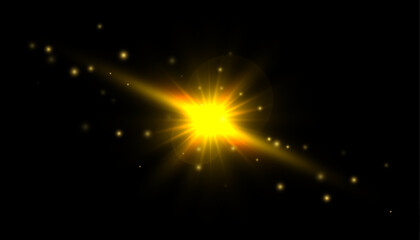 Naklejka premium Golden starburst light effect with sparkles and glowing stardust on deep black background. Bright radiant flare design element for banners and creative graphics.