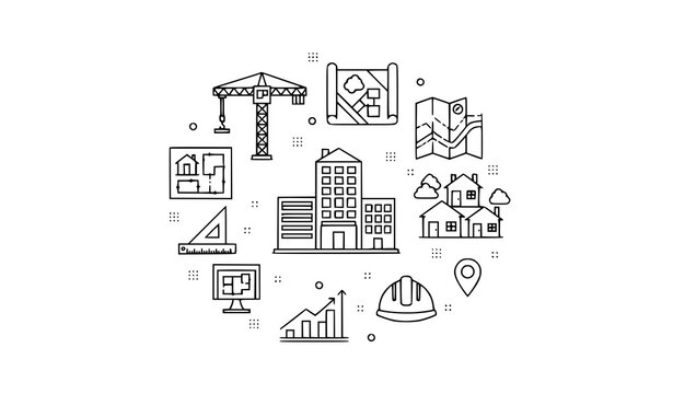 A collection of construction and architecture icons in a circular pattern
