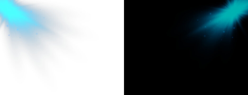 Turquoise glowing sunbeam with soft rays, lens flare and sparkling particles. Vector light overlay isolated on split background for banners and design.